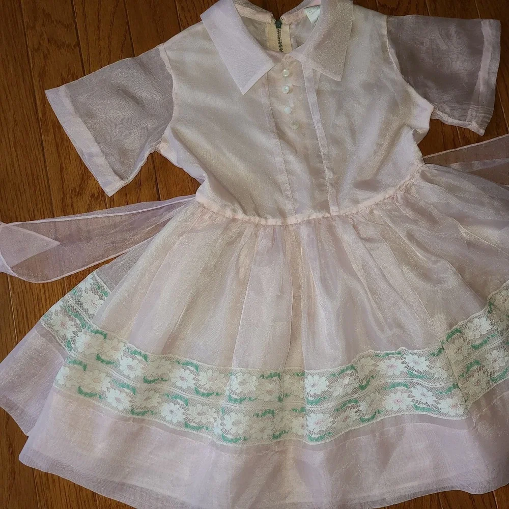 Vtg Rare 1950s Lil Bee Frockette Girls Pink Lining Lace Sheer Belted Dress Sz 5